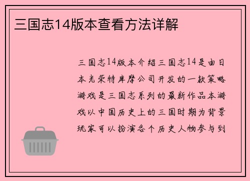 三国志14版本查看方法详解